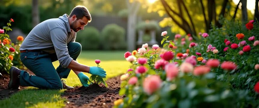 Gardener planting colorful flowers in a vibrant garden, with sunlight casting a warm glow; camera slowly tracks, capturing gentle breeze and serene ambiance in a cinematic style.