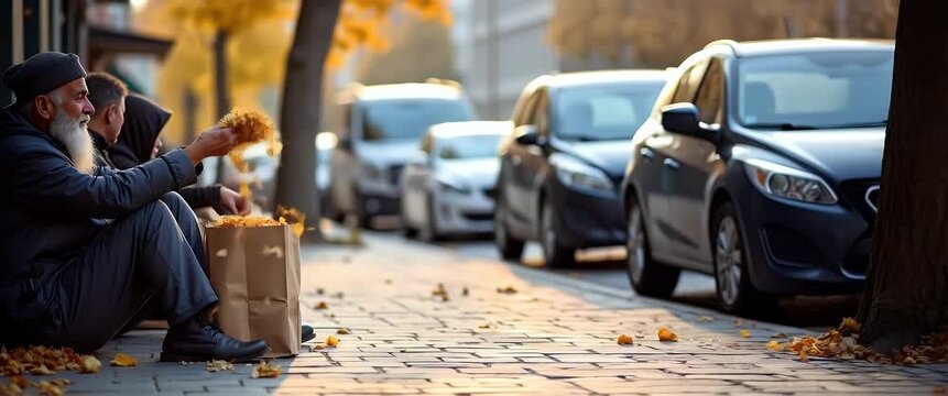 Elderly man sifting through fallen autumn leaves beside bustling street, camera slowly pans capturing city life; cinematic style with warm, golden hues and gentle ambient motion.