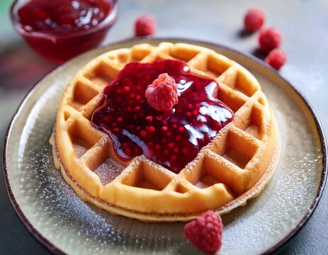 delicious waffle topped with sweet raspberry jam ready to be enjoyed at breakfast or brunch for a satisfying meal