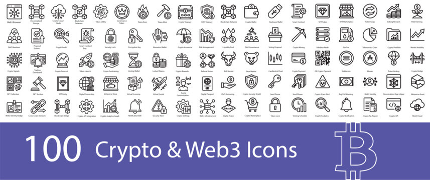100 Crypto and Web3 Line Icons Set Featuring Blockchain, NFT, DeFi, Wallet, Mining, DAO, Smart Contract, Metaverse and Digital Finance Vector Outline Collection.