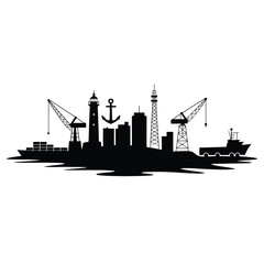Obraz premium A stark black silhouette depicts a bustling industrial harbor cityscape at sea