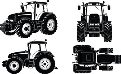 Comprehensive collection of modern agricultural tractor silhouettes from multiple angles including front side and top views for farm machinery illustrations