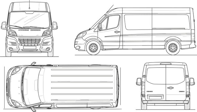 Cargo Delivery Van Blueprint with Front Side Top and Rear Views Technical Outline Vector Illustration