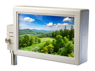 Fototapeta premium Environmental monitor displaying serene landscape isolated on transparent background