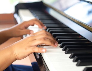 Fototapeta premium Close-up of hands on a piano keyboard, fingers touching keys, suggesting musical performance. The background is slightly blurred