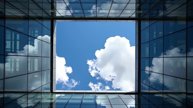 Modern building glass facade looking up at blue sky and clouds
