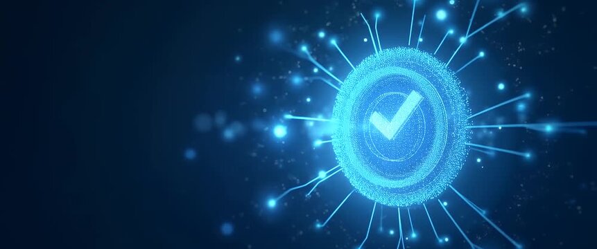Futuristic digital checkmark pulsates with blue light in a cinematic style, as the camera slowly pans, highlighting technology and innovation in a minimalist, data-driven environment.