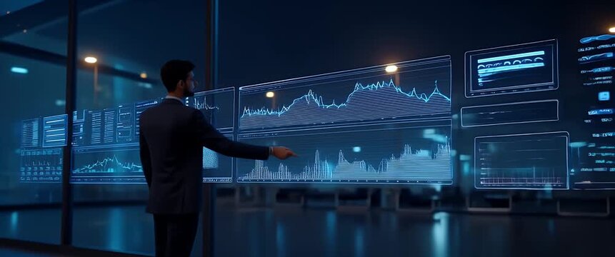 Business professional interacts with futuristic digital analytics interface, as camera pans smoothly across modern office, showcasing dynamic data visualizations in a cinematic style.