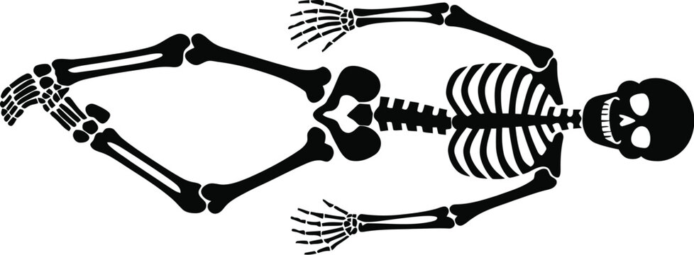 A black silhouette of a human skeleton lying in a playful position