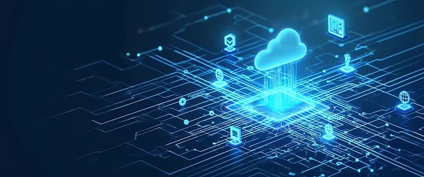 Futuristic cloud computing network visualized with digital connections pulsating, camera slowly tracking across, in a cinematic style, showcasing innovation and technology.
