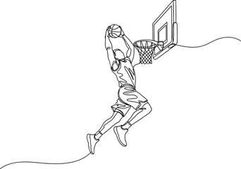 Minimalist continuous line art drawing capturing a professional basketball player executing a powerful slam dunk move towards the hoop against a clean white background illustration. © Murshid