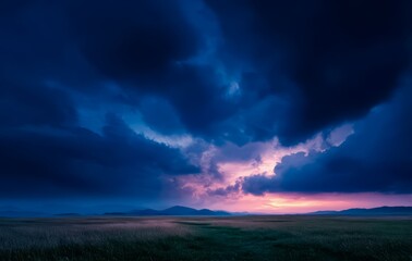 Field of grass is shown with a stormy sky in the background. The sky is filled with dark clouds and the sun is setting
