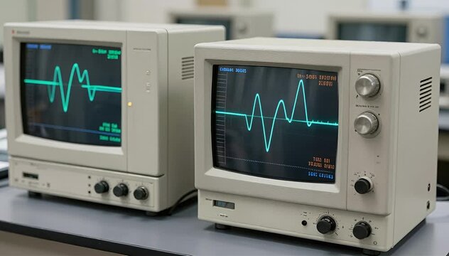 Vintage oscilloscopes displaying electronic waveforms, retro lab equipment analysis oscilloscope, waveform.