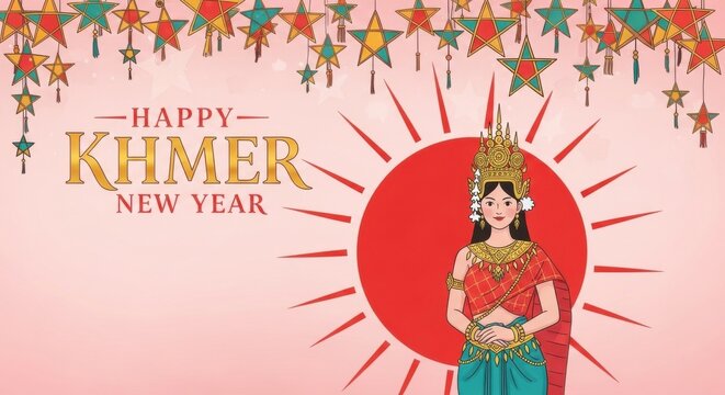 Woman in traditional Khmer attire celebrating Happy Khmer New Year festival