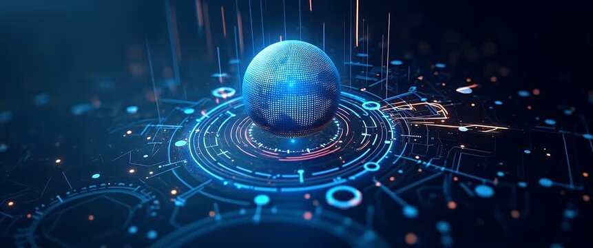 A futuristic digital globe rotates amidst dynamic glowing circuits as the camera smoothly pans, creating a cinematic technology-focused scene perfect for innovative presentations.