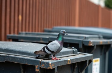 Pigeon sits on city dumpster lid near trash bins. Bird with grey feathers and colorful neck surveys area. Urban wildlife finds food near waste in neighborhood.