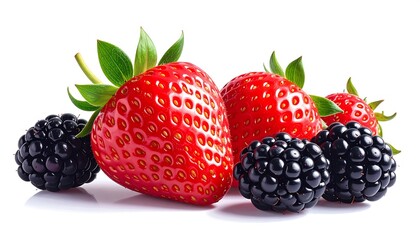 Obraz premium Close-up studio shot of assorted fresh berries strawberries and blackberries arranged against a clean white background