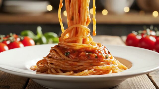 Delicious spaghetti with rich tomato sauce being twirled by a fork in a rustic kitchen setting