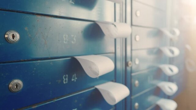 Residential Mailboxes with Utility Payment Bills Sticking Out | Close-Up Shot of Blue Metal Apartment Building Letterboxes with Numbered Locks | Postal Service Urban Living