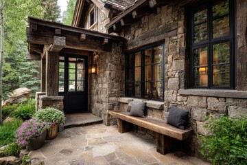 Fototapeta premium The inviting entrance of a charming stone cabin nestled in the woods features a wooden bench and vibrant planters, all beautifully illuminated by the warm afternoon sunlight