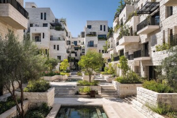 Modern architecture in a residential complex showcases stone buildings with greenery in a courtyard setting during daytime