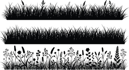 Naklejka premium Wild meadow grass border silhouettes set, floral field plants and herbs collection, natural landscape design elements, isolated vector illustration
