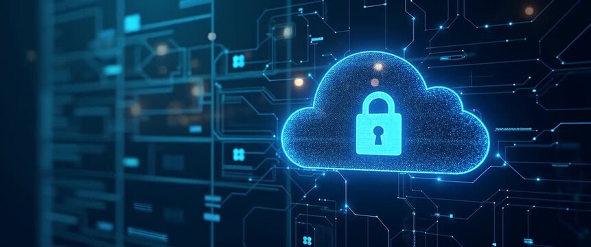 Cinematic animation of a glowing digital cloud with security lock icon, as the camera slowly pans across a futuristic data network backdrop with gently flickering lights, highlighting cybersecurity th