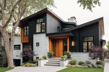 New house with modern design and landscaping located on a quiet street in a suburban area with trees and plants around during daylight