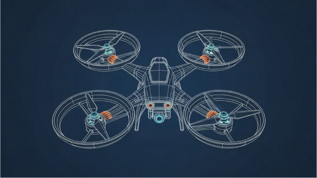 Drone vehicle autocad blueprint design top view illustration on dark background