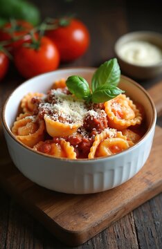 Italian tortelloni pasta with bolognese sauce and parmesan cheese. Fresh basil garnish on plate. Tomatoes and mozzarella cheese filling. Delicious meal.