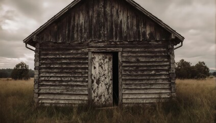 Weathered wooden shed with open door in field under cloudy sky