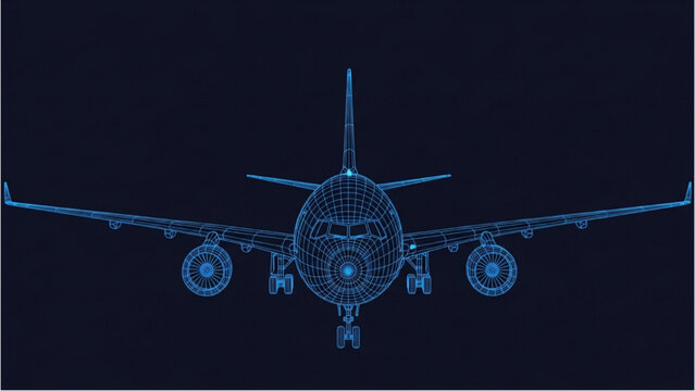 Detailed vehicle autocad blueprint of an airplane viewed from the front with precise engineering design