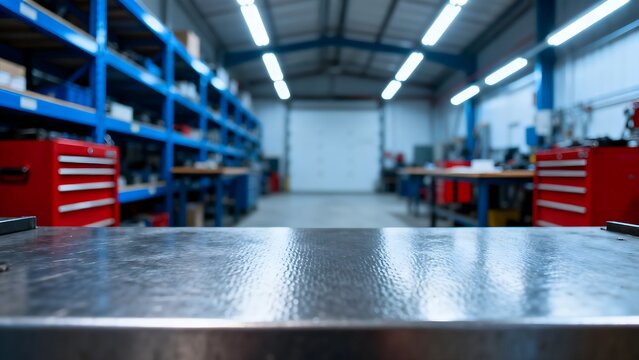 Empty industrial metal workbench surface in a blurred manufacturing workshop setting featuring storage shelves and tool cabinets for product placement.