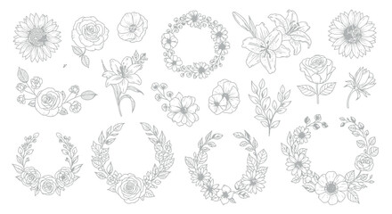 Elegant collection of hand drawn black and white floral elements featuring various flowers and decorative botanical wreaths perfect for sophisticated design projects. © Murshid