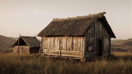Wooden huts with thatched roofs sit in a grassy field under a warm sky