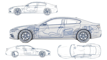 Detailed vehicle autocad blueprint illustrations showcasing multiple viewpoints of a modern car's design and technical specifications © Stock Image Paradise