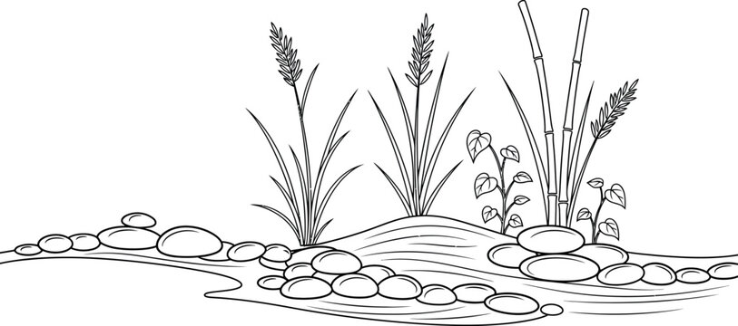 Simple black and white outline drawing depicts a peaceful riverbank scene featuring assorted tall grasses growing among smooth river stones and slender bamboo shoots with small leafy vines.