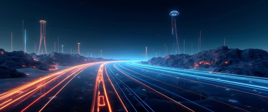 Futuristic highway lights streak through a digital landscape, as the camera pans slowly across neon-lit mountains, creating a mesmerizing, cinematic vision of technology in motion.