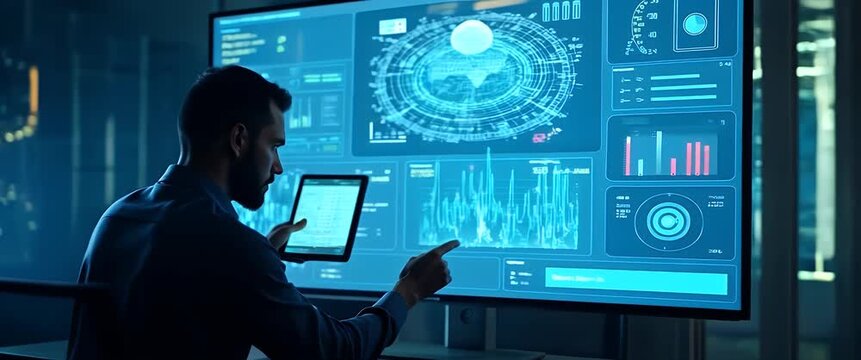 In a cinematic tech hub, a focused analyst interacts with dynamic digital displays, while the camera smoothly pans across a futuristic control room, capturing innovation and data visualization.