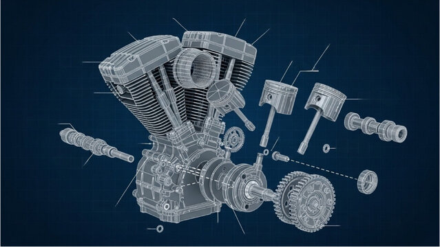 Detailed vehicle autocad blueprint of engine components exploded view for technical analysis