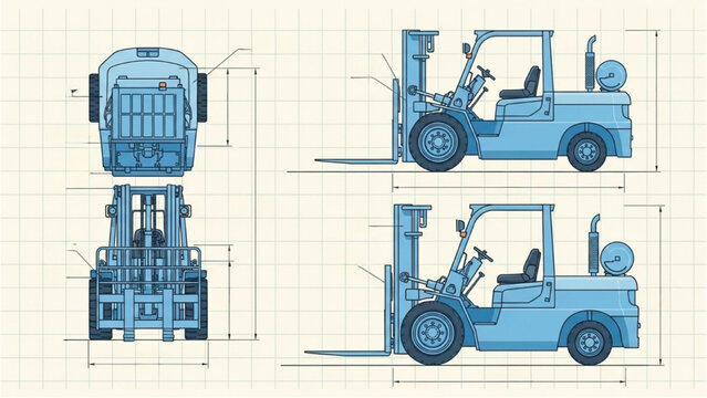 Detailed vehicle autocad blueprint of a forklift truck from multiple viewpoints and orthographic projections on a graph paper background