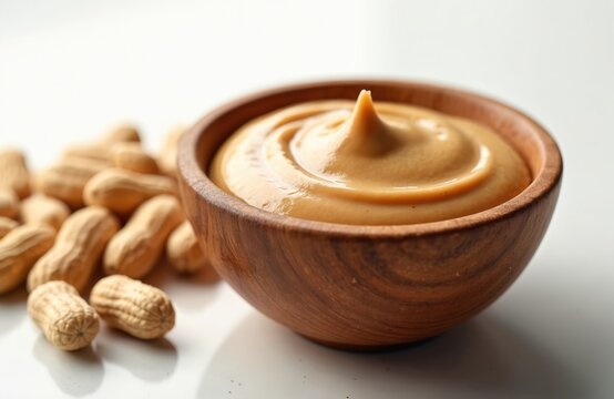 Wooden bowl filled with smooth peanut butter sits beside raw peanuts. Creamy spread and whole nuts offer healthy, natural food ingredient for cooking. Tasty snack.