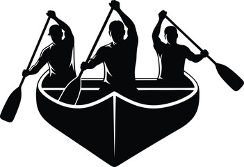 Black and white vector illustration of three people paddling canoe, teamwork concept, rowing silhouette, group collaboration, unity, leadership, outdoor adventure design © MdShahadot