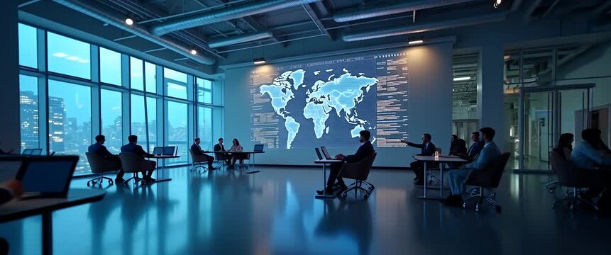 Business professionals engage in strategic discussion as the camera slowly pans across a modern conference room with world maps on digital screens, offering a cinematic, tech-driven ambiance.