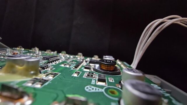 Macro of STM32 microchip on green PCB. Close-up of soldered white wires, electrolytic capacitors, inductors, and SMT components. High-tech circuit board for industrial hardware and engineering.