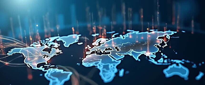 Dynamic global network visualization with animated digital data streams flowing across a glowing world map, captured in a cinematic slow pan, ideal for technology or innovation themes.