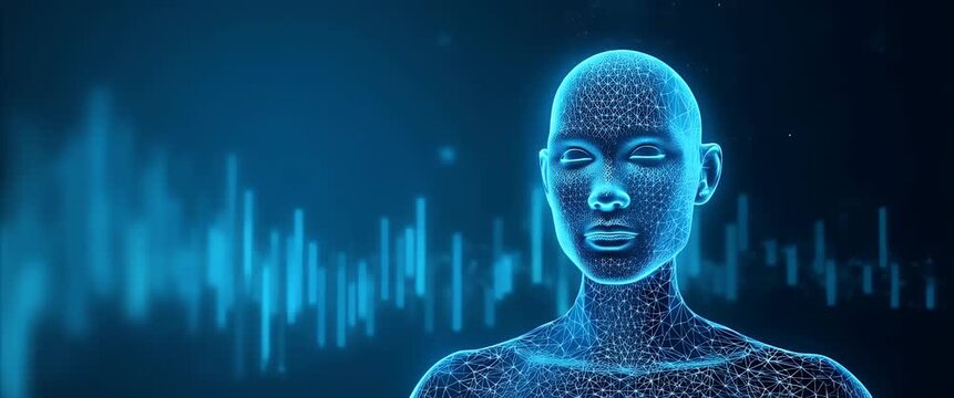 Futuristic digital human figure with glowing wireframe rotates slowly as the camera pans across a dynamic, data-driven background in a cinematic style, embodying innovation and technology.