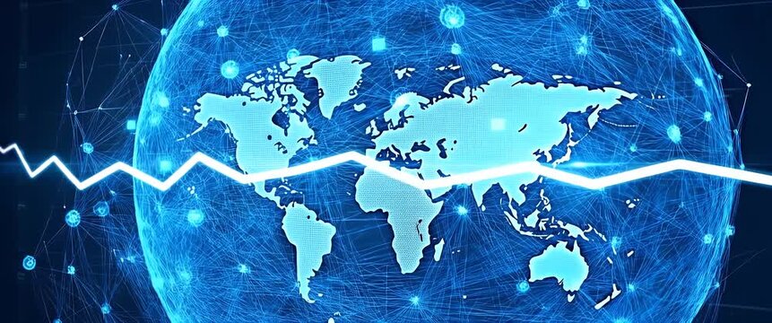 Cinematic global finance visualization with a dynamic map overlay, featuring pulsating data lines and a slow pan across a digital world, embodying economic trends and technological innovation.