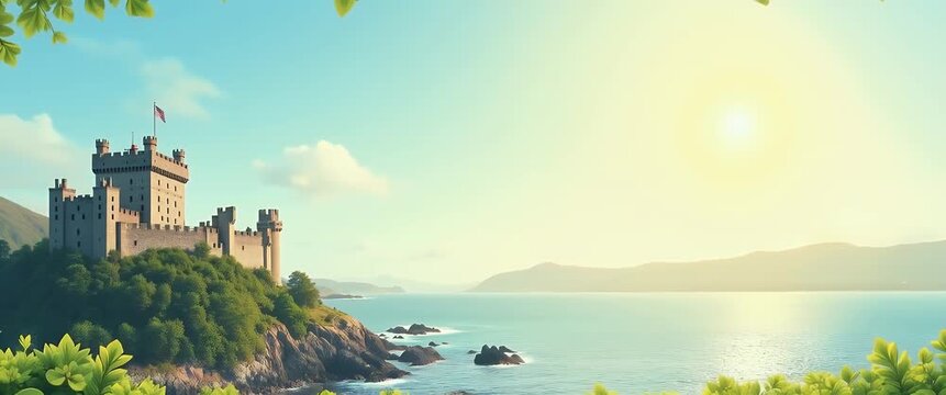 Majestic castle on a lush hillside, sunlight shimmering on the ocean; camera gently pans as leaves sway in the breeze, capturing a serene, cinematic landscape perfect for travel inspiration.
