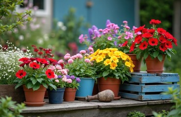 Fototapeta premium Colorful petunia flowers bloom in pots on a rustic wooden deck. Vibrant floral arrangement on a sunny day creates a charming garden scene. Red yellow pink blooms offer beauty.